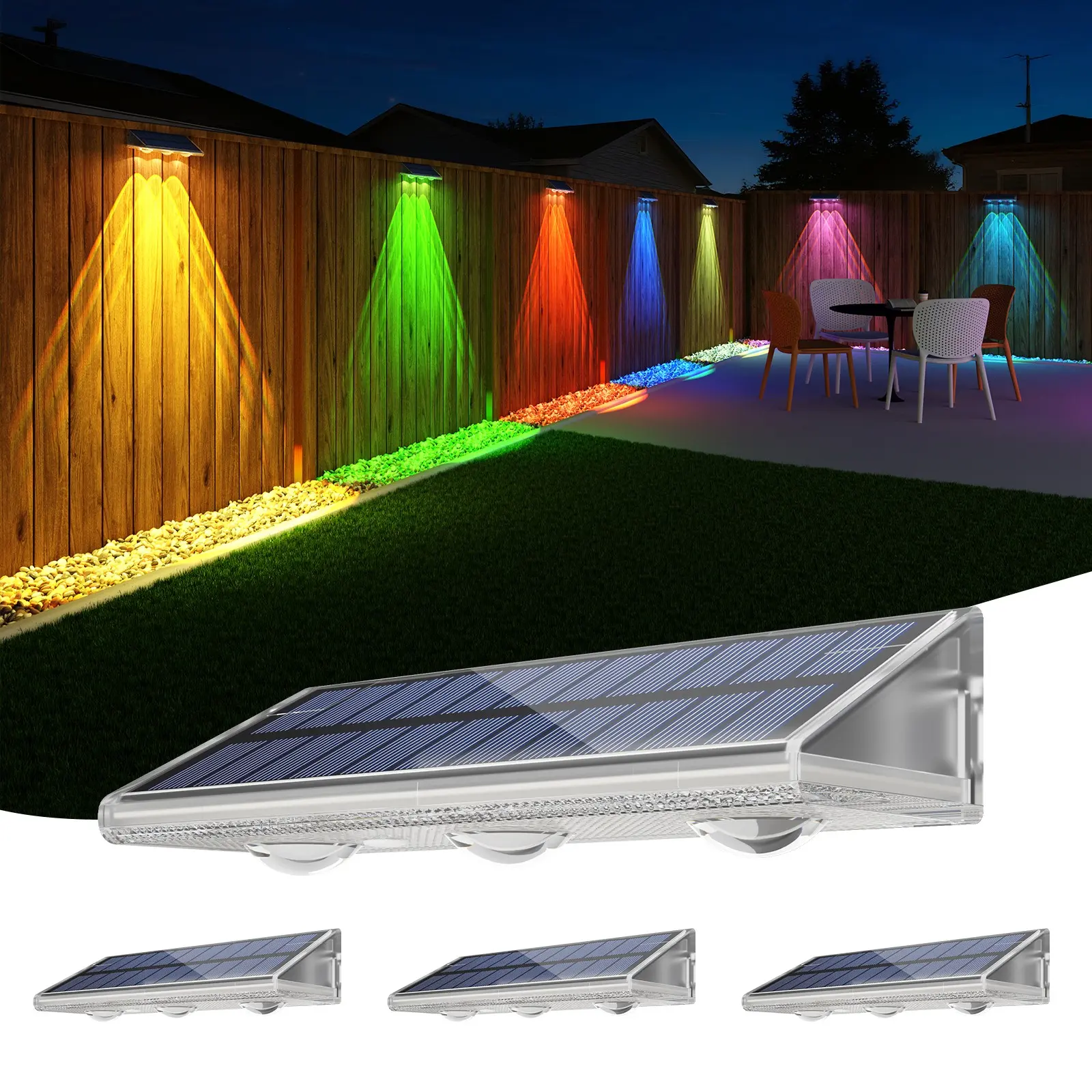 High brightness RGBW Solar Wall Light, Outdoor Waterproof IP66, 7 Colors Solar Fence light, 9 Modes, Auto ON OFF with Switch, working 20 hours, Power Patio Lamp with Lenses for Outside Backyard Railing Yard, Outdoor Lights Waterproof