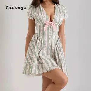 Women’s Floral Lace “Pure Desire” Dress with Puff Bubble Sleeves and Waistband