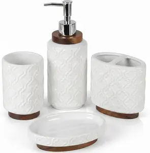 4 Piece Bathroom Accessories Set, White Ceramic Bath Accessory Set with Wood Accents, Soap Dispenser, Toothbrush Holder, Tumbler and Soap Dish, Elegant Bathroom Countertop Decor
