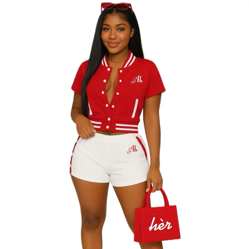 All In for Hèr – Varsity Cropped Jacket & Shorts Set (Red/White) Day Sporty Streetwear
