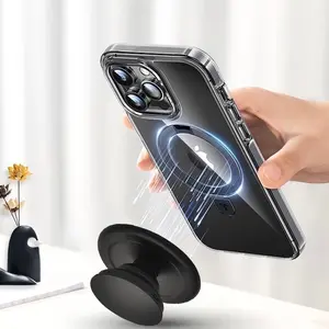 Round Phone Grip Compatible with MagSafe Clear PC Material with Adapter Ring Included for Wireless Charging Compatible with iPhone Samsung and More - Magnetic, Pad Silicone Mount Stand Smartphone Cellphone