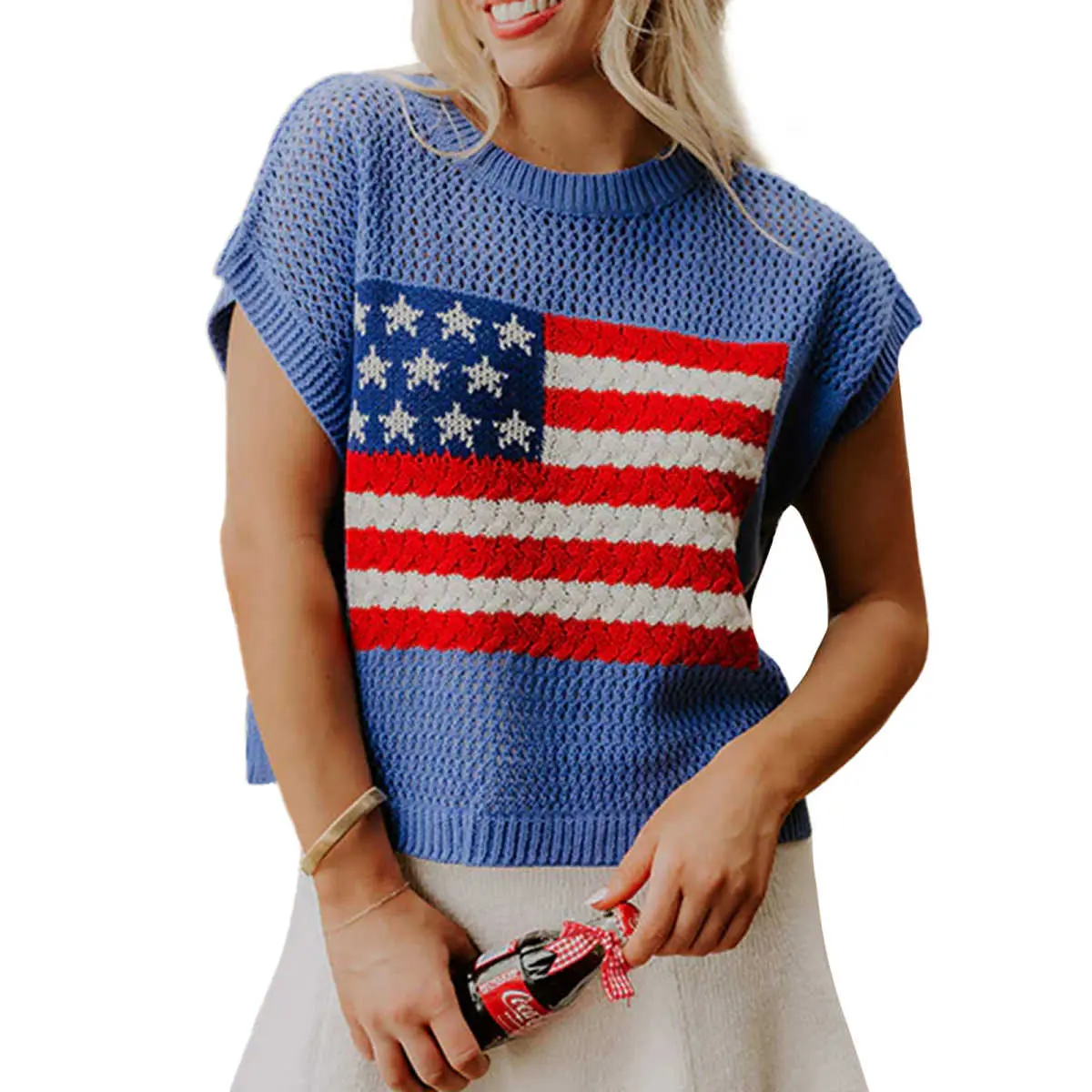 American Flag Knit Top for Women Relaxed Fit Short Sleeve KnitSweater Top for Independence DayFestivals & Casual StreetwearKnitwear - Womenswear