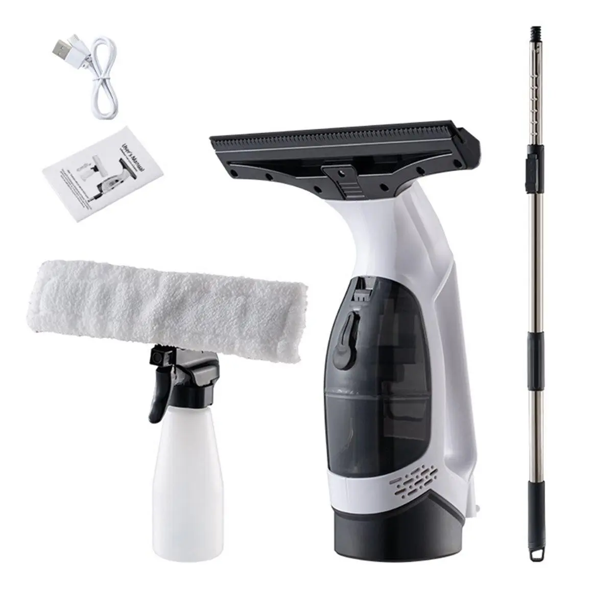 Cordless Window Vacuum Squeegee Cleaner for Cleaning - Rechargeable Electric Glass Tool, Includes Spray Bottle, Plastic Microfiber Wiper for Windows, Mirrors