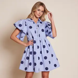 Women's Polka Dot Mini Dress - Collared Puff Sleeve Babydoll Dress for Casual & Vacation