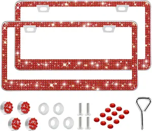 2 Pack Bling License Plate Frame for Women,Sparkly Rhinestone Stainless Steel License Plate Holder, Accessories with Glitter  Caps (Red)