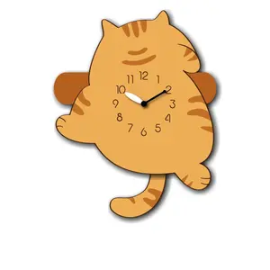 "Cinnamon" -Adorable Cartoon Style Cat Shaped Pendulum Wall Clock, Mixed Brown, MDF, 12.4'x9.6'x1.8', White Colored Gift Box