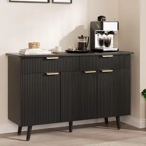 Modern 47" Sideboard Buffet Cabinet with Storage, Large Coffee Bar Cabinet Featuring 3 Fluted Doors and 2 Drawers, Adjustable Shelves, Black Finish, Ideal for Kitchen, Living Room, and Dining Room