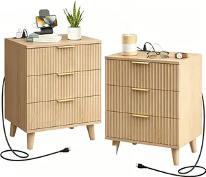 Cooelf Fluted nightstands Set of 2, Modern Nightstand with 3 Large Storage Drawers, Wood Bedside End Table with Charging Station, Side Table for Bedroom Office