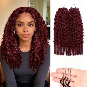 【New Color-99J】BLING HAIR  Burmese Curly 99J Burgundy Color & #33 Reddish Brown & #1B Nature Color  Crochet Human Hair 20 Inch 50g/Pack Pre-Separated Looped Feather Crochet Human Hair Bundles Knotless Invisble Human Crochets Hair Extensions for Women