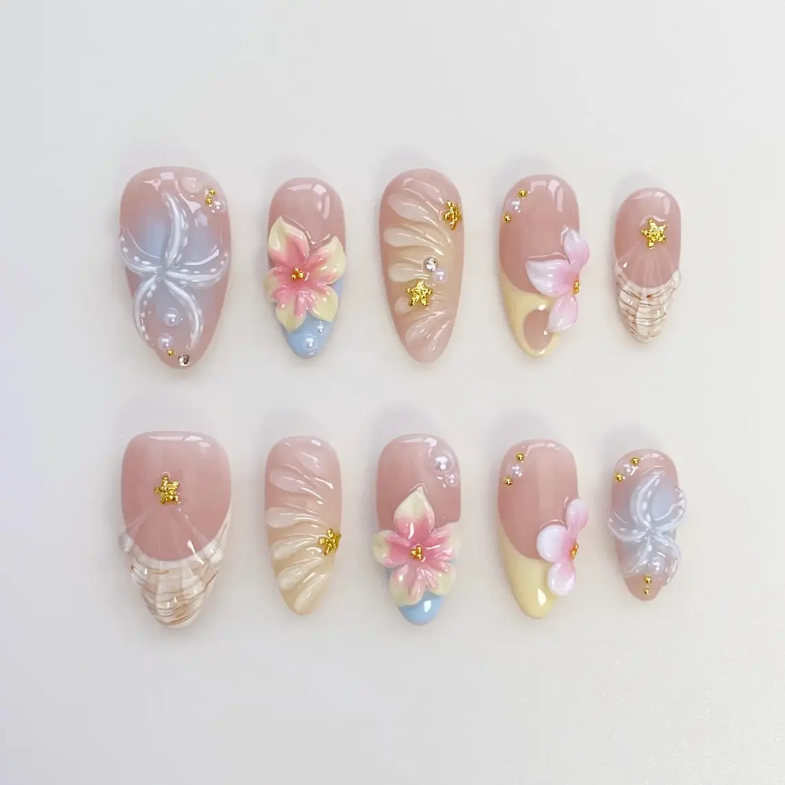 Starfish Bloom Elegance Press On Nails Short Almond Nails/Flower Nails/Yellow Nails/Spring Summer Nails/Shell Nails/Birthday Nails