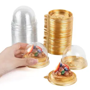 50Pcs Clear Plastic Mini Cake Box with Dome Lids, Mini Muffin Container Box Mooncake Dome Box Pastry Baking Packaging Boxes Wedding Birthday Gifts Supplies (Gold Base)