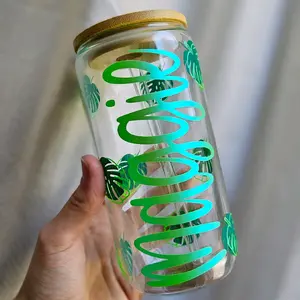 Personalized Monstera Leaf Tumbler Drinkware glass cup and straw bamboo cricut cups viral friend gift