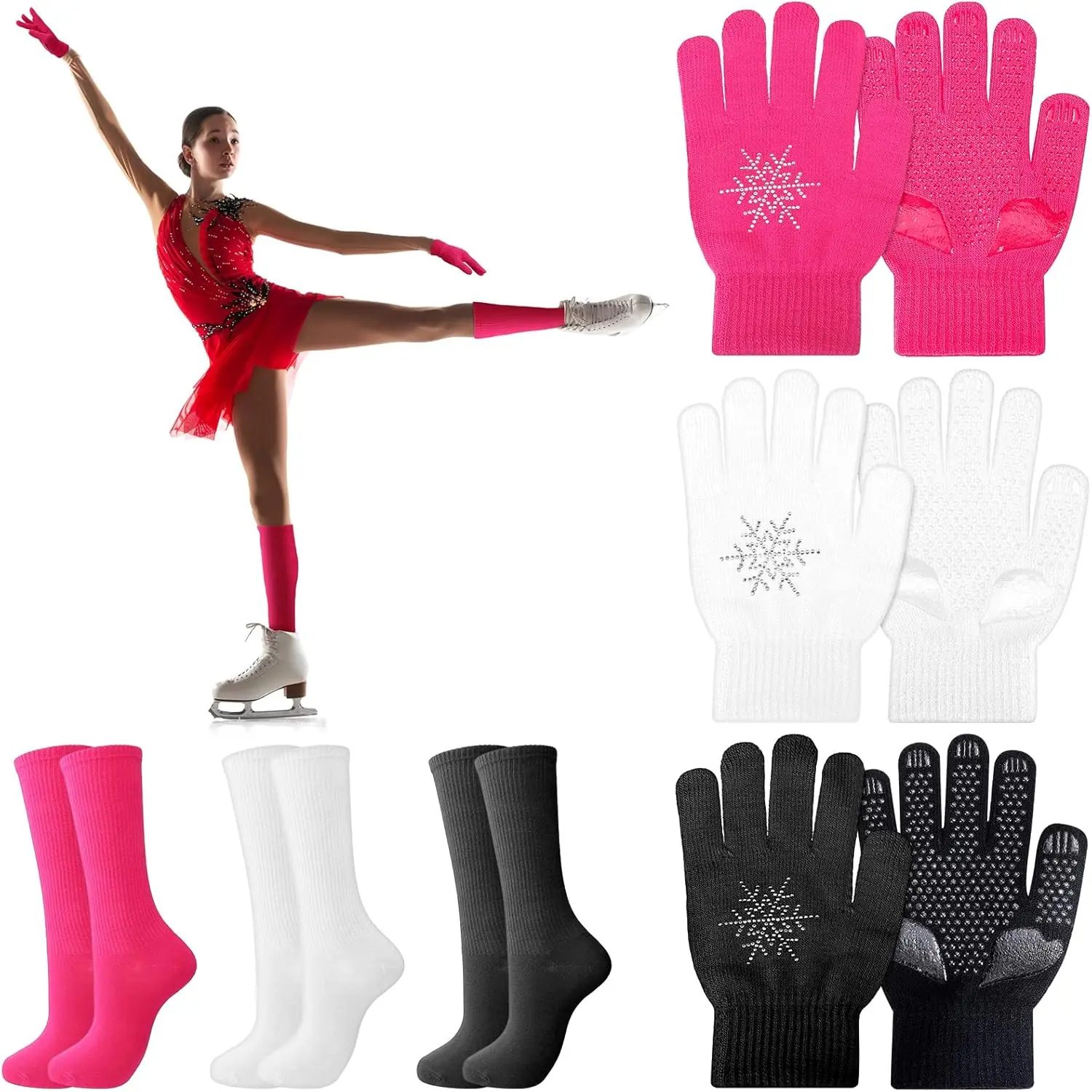 6 Pairs Figure Skating Gloves Socks Set Ice Skating Socks Warm Winter Anti Slip Gloves for Practice Competition