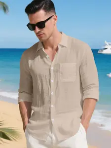 Men's All-Seasons Outfits Solid Color Linen Blend Button Down Shirt, Long Sleeve Roll-Up Cuffs, Chest Pocket, Lightweight Breathable Beach Top for Summer Vacation & Casual Wear