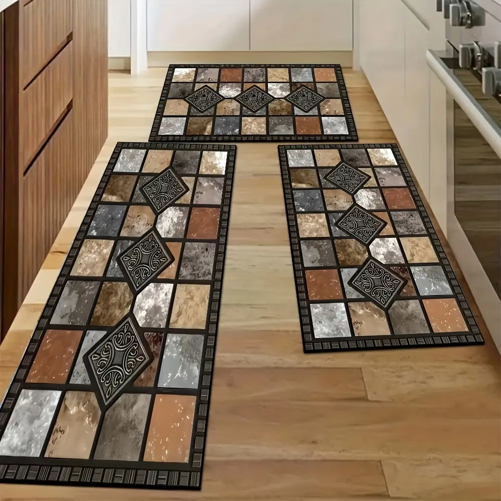 Set of 2 retro plaid kitchen floor mats, brown long strips, absorbent, non-slip, quick-drying, machine washable, suitable for bathroom, kitchen, hallway, laundry room, home decor rugs