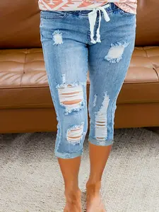 Mid-Calf Beach Distressed Denim Capri Pants - Elastic Waist with Drawstring, Casual Slim Fit, Street Style Fashion, Comfortable Soft Fabric, Easy to Move, Perfect for Summer, Outdoor Activities, and Daily Wear