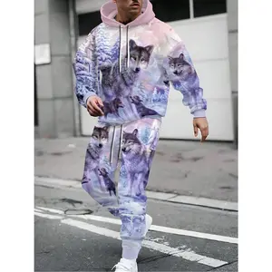 4pcs Men's 3D Tiger and Wolf Pattern Hooded Sweatshirt and Sweatpants- Soft and Stretchy Polyester Fabric, Casual Sports Style, Animal Pattern, Creative Pajamas, Sports Suit, Casual Wear