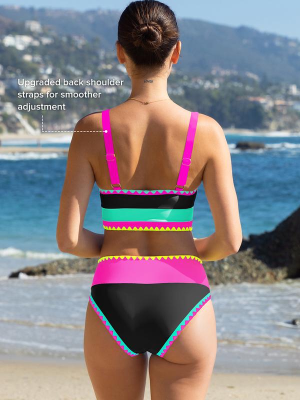 Popvil Patchwork Sporty 3 Piece Bikini Sets,Tummy Control & High Waisted Swimsuit with Wide Shoulder Straps