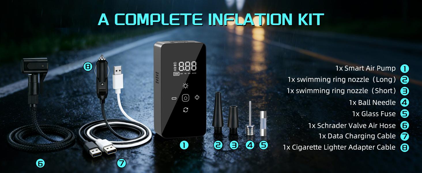 Portable Tire Inflator, 150 PSI Air Compressor, Digital Dual Display, LED Light for Night Use, Suitable for Cars, Motorcycles, Bikes and Balls