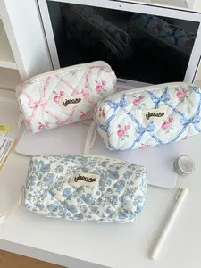 Fashion Simple Design School Season Girls Embroidered Floral Pencil Case, Large Capacity Stationery Storage Bag, Cartoon Makeup Bag Wash Bag Office Supplies