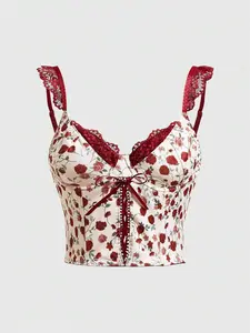 RES Sweetness Floral Printed Lace Spliced Cross Strapped Camisole Top
