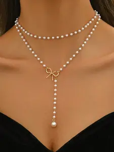 Romantic Faux Pearl Bowknot Y-Necklace, Fashion Jewelry Gift for Women, Adjustable Length, Handmade, Perfect for Daily Wear and Parties, Pearl Bowknot Decorated