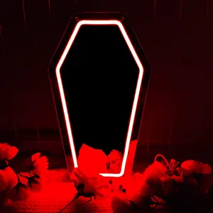 Gothic Coffin Shape Neon Wall Mirror, USB Powered, Glass Surface, Horizontal, Irregular Art Style, Ideal for Dark Art Lovers and Holiday Gifts