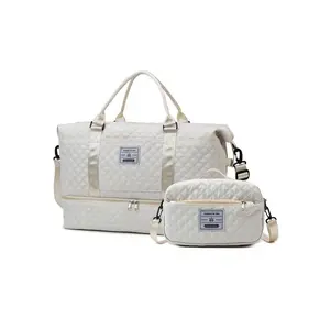 Quilted Pattern Travel Bag Set, Large Capacity Duffel Bag & Cosmetic Bag, Dry & Wet Separation Sports Bag, Yoga Gym Bag, Travel Bag for Women & Men