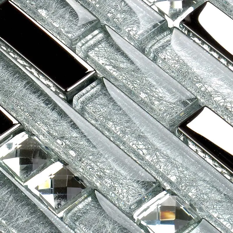 Glossy Glass Tile Linear Mosaic Decor Shiny Silver Chrome Metallic Backsplash for Bathroom and Kitchen Smooth Shower Wall Tiles Sticker