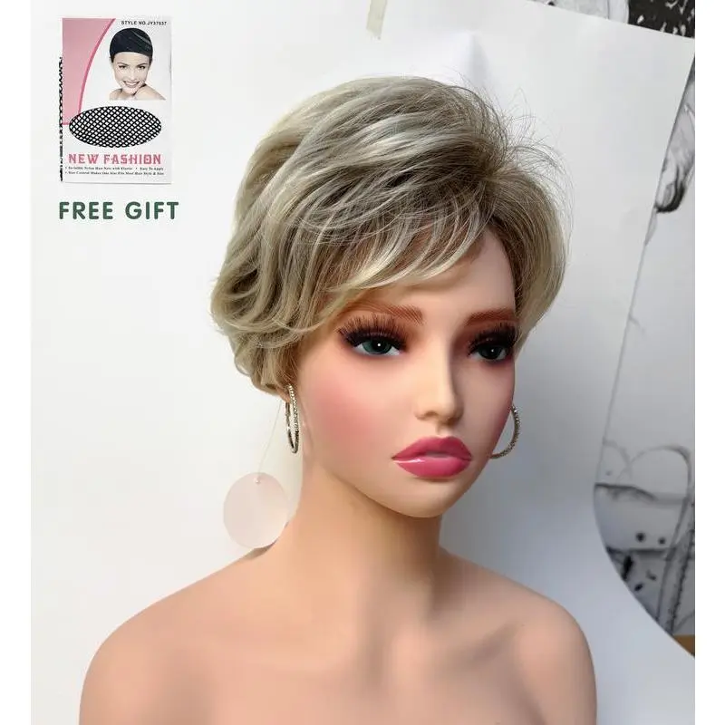 Pixie Layered Short Blonde Wigs for White & Black Women Synthetic Hair Blonde Mixed Brown Adjustable Fit 21 Inches Natural Look