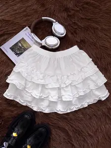 Women's Ballet 3-Tiered White Cake Skirt, Polka Dot Chiffon Lace A-Line Puff Mini Skirt, Sweet Style, All Season Wear, Casual, Party & Club Dating Daily Look, tiered skirt, ballet skirt