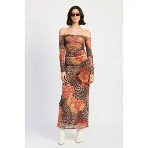 Wild Roses Leopard Print Off Shoulder Mesh Top - Womenswear Sexy Y2K Style Long Sleeve Slim-Fitting Bodycon Fit Ruched Front Off the shoulder Bardot Neckline Orange Color