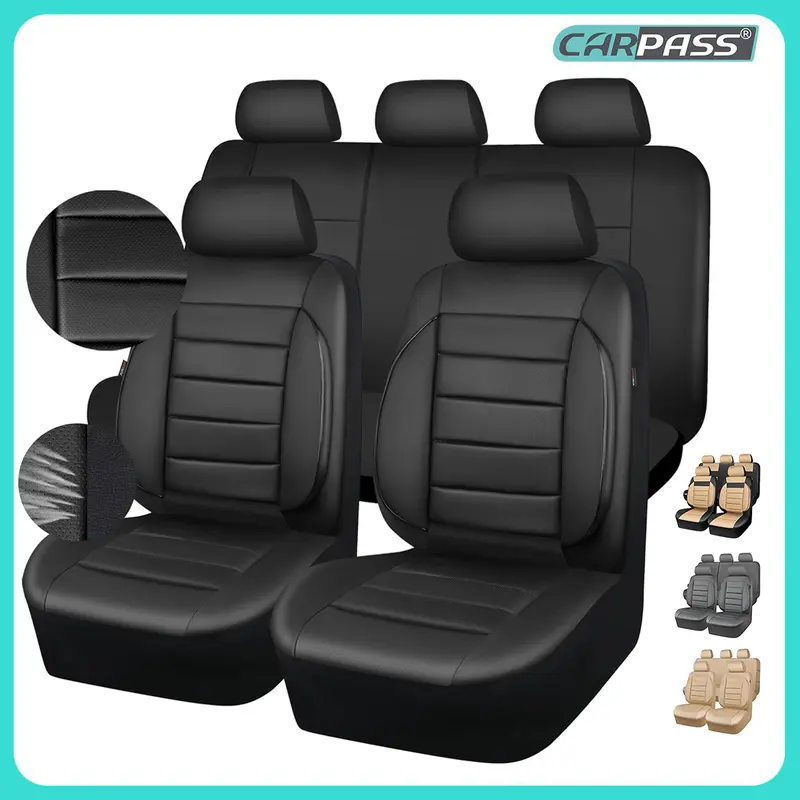 CAR PASS Leather Car Seat Covers Full Set Universal waterproof, 3D Foam Support  Universal Fit for Trucks Vans SUVs Sedans Automotive ，Airbag Compatible