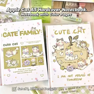 Kawaii Apple Cat Hardcover Notebook, A5 Lined Journal with Color Pages for Girls & Students