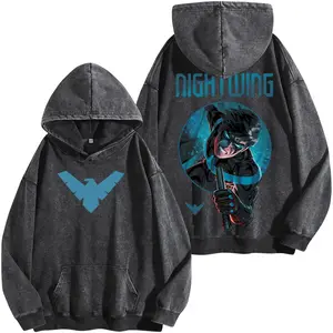 Vintage Nightwing Inspired Washed Hoodie – Retro 90s Richard Grayson Vigilante Graphic Tee, Blue Symbol Streetwear Cotton Shirt, Unisex Oversized Top, Gift for Fan, Gift for Him