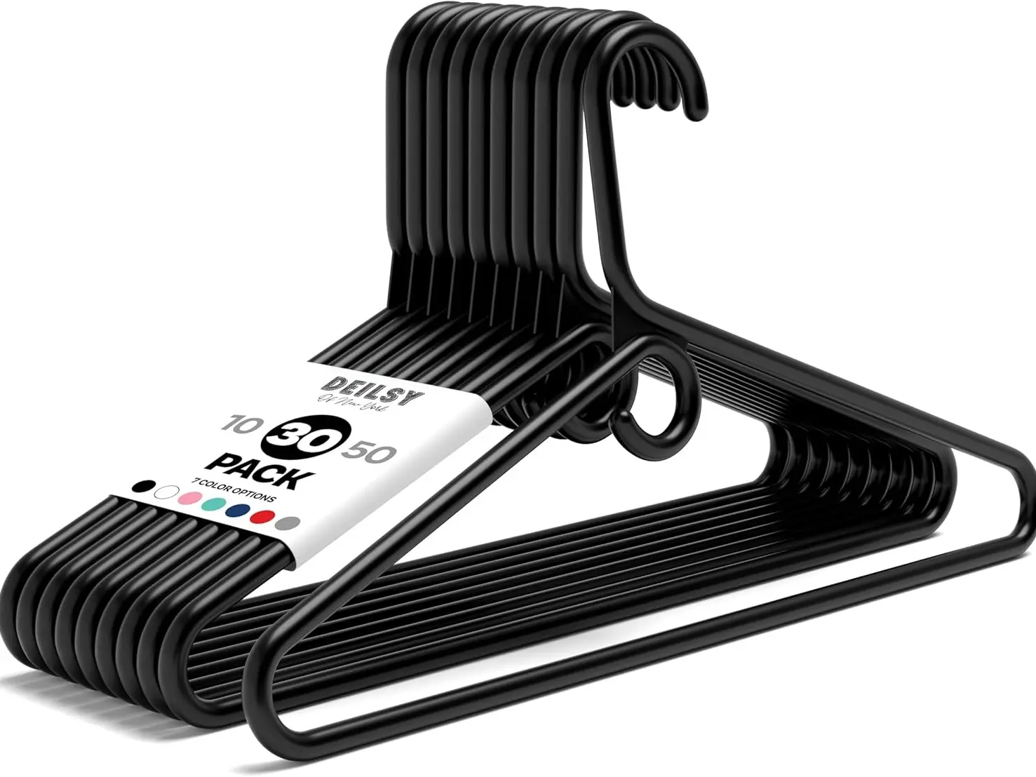 DEILSY Black Heavy Duty Hangers with Hooks for Scarves & Belts – Thick and Strong Clothes Hangers for Shirts, Jackets, Pants, and Dresses – Space-Saving Plastic Hangers – Pack of 30