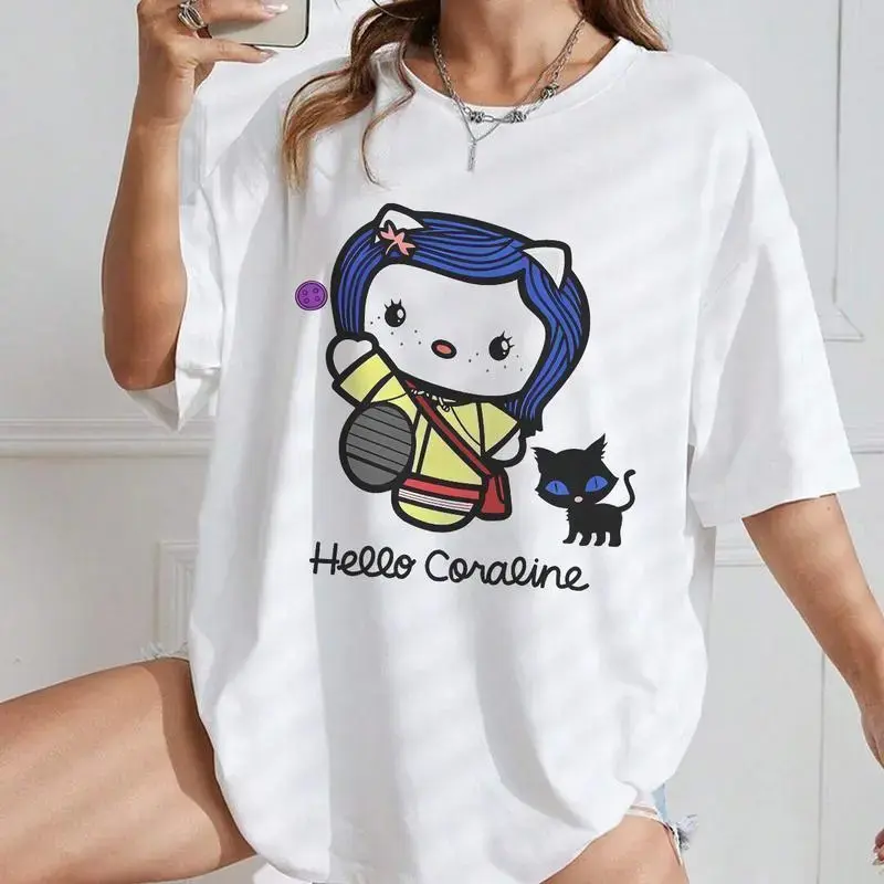 Women's Hello Coraline Graphic T-Shirt - 5.3Oz Soft Cotton Round Neck, Breathable All-Season Casual Tee, Couple-Match Top for Valentine's Day