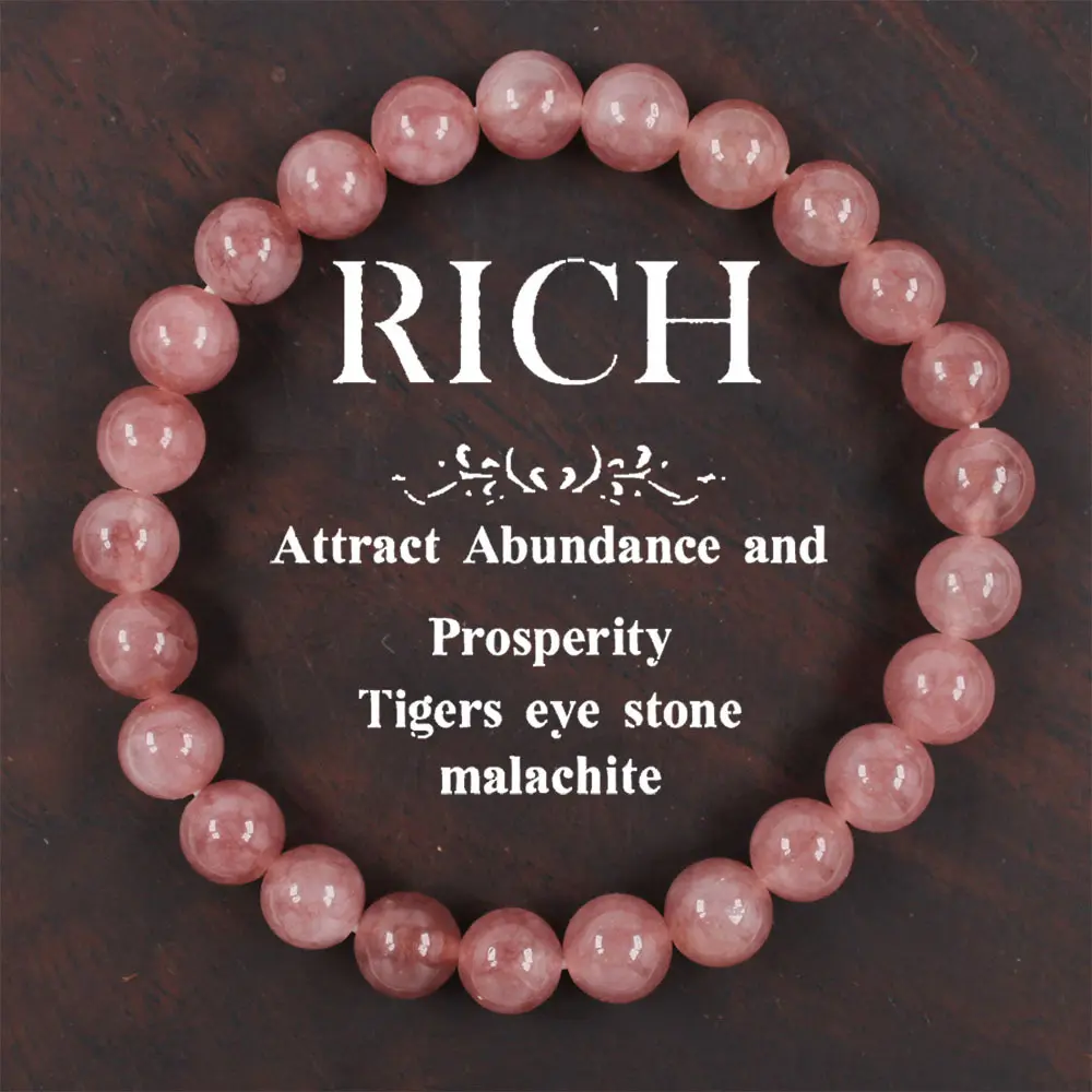 Elegant Strawberry Quartz Stretch Bracelet - Natural Stone Charm Beads, Fashion Accessory Women Lucky Bracelet Boho Bead Stone Bracelet Vintage Pink Quartz Stone Chain Wedding Party Jewelry Gift
