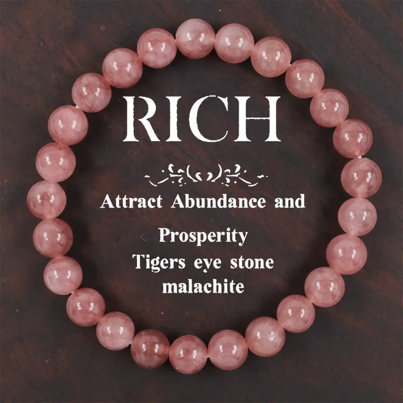 Elegant Strawberry Quartz Stretch Bracelet - Natural Stone Charm Beads, Fashion Accessory Women Lucky Bracelet Boho Bead Stone Bracelet Vintage Pink Quartz Stone Chain Wedding Party Jewelry Gift