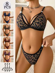 4 Sets no padding bra tops, leopard printing bra panties sets, sexy lingerie wireless
