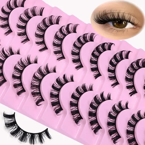 10 Pairs D Curl Russian Lashes 10-16mm, 3D Fake Eyelashes Reusable, Volume False Eyelashes, Volumized False Eyelashes, Fluffy Strip Lashes for Natural Look, Cosmetic False Lashes, Perfect for Daily Use & Parties