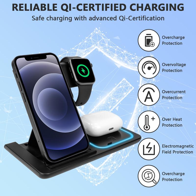 3 in 1 Wireless Charging Station for Apple15W Foldable Charging Station for Samsung Devices, Qi-Certified for iPhone 18/17/16/15/14/13/12/11/Pro/Max/X/XR/iWatch-SE/6/5/4/3/2 & AirPods, Included QC-3.0 Adapter