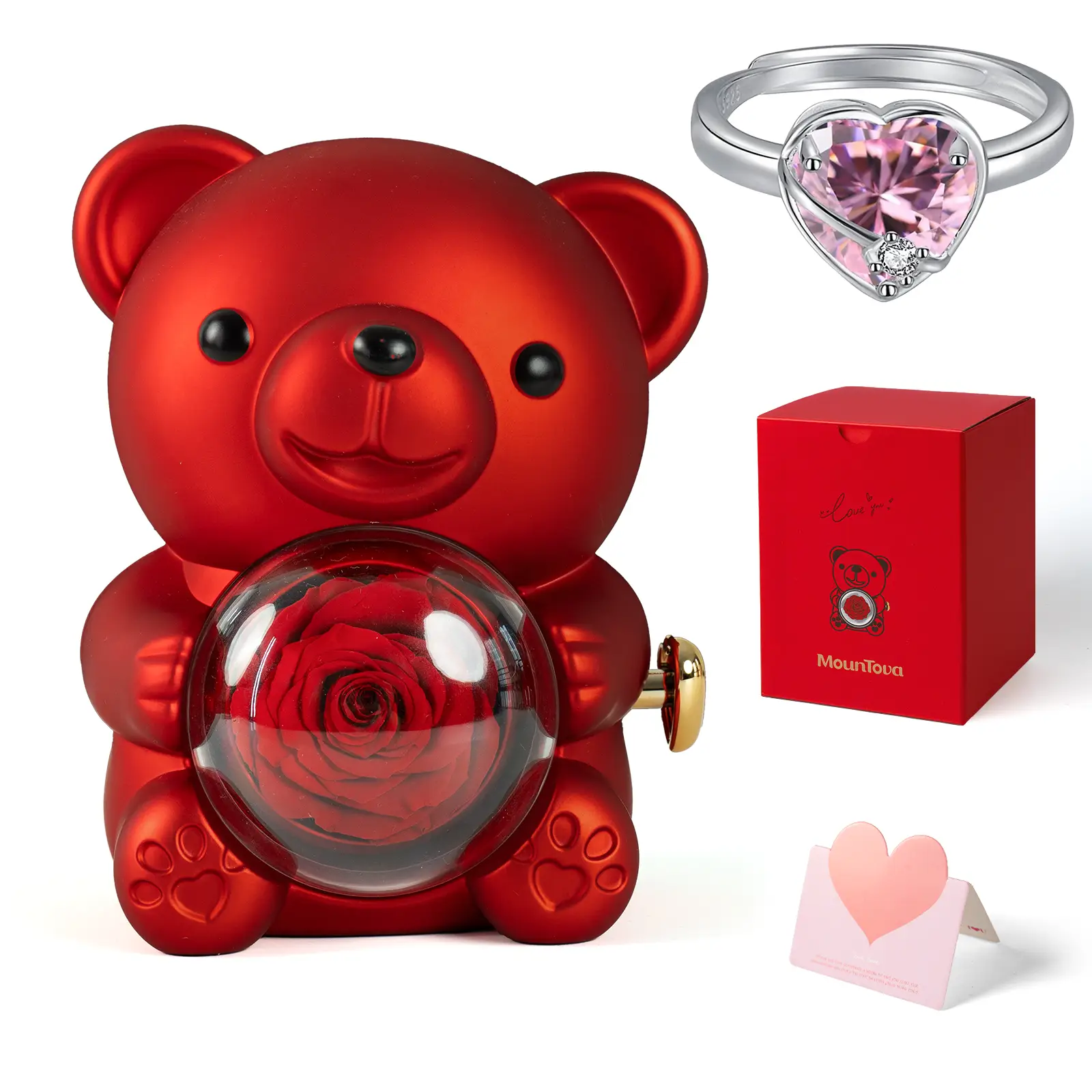 MounTova Gift Set – Red Real Rose Bear, Heart-Designed Ring & Exquisite Trendy Pendant Necklace with Flowers & Rhinestones, Ideal Gift for Mom's Birt
