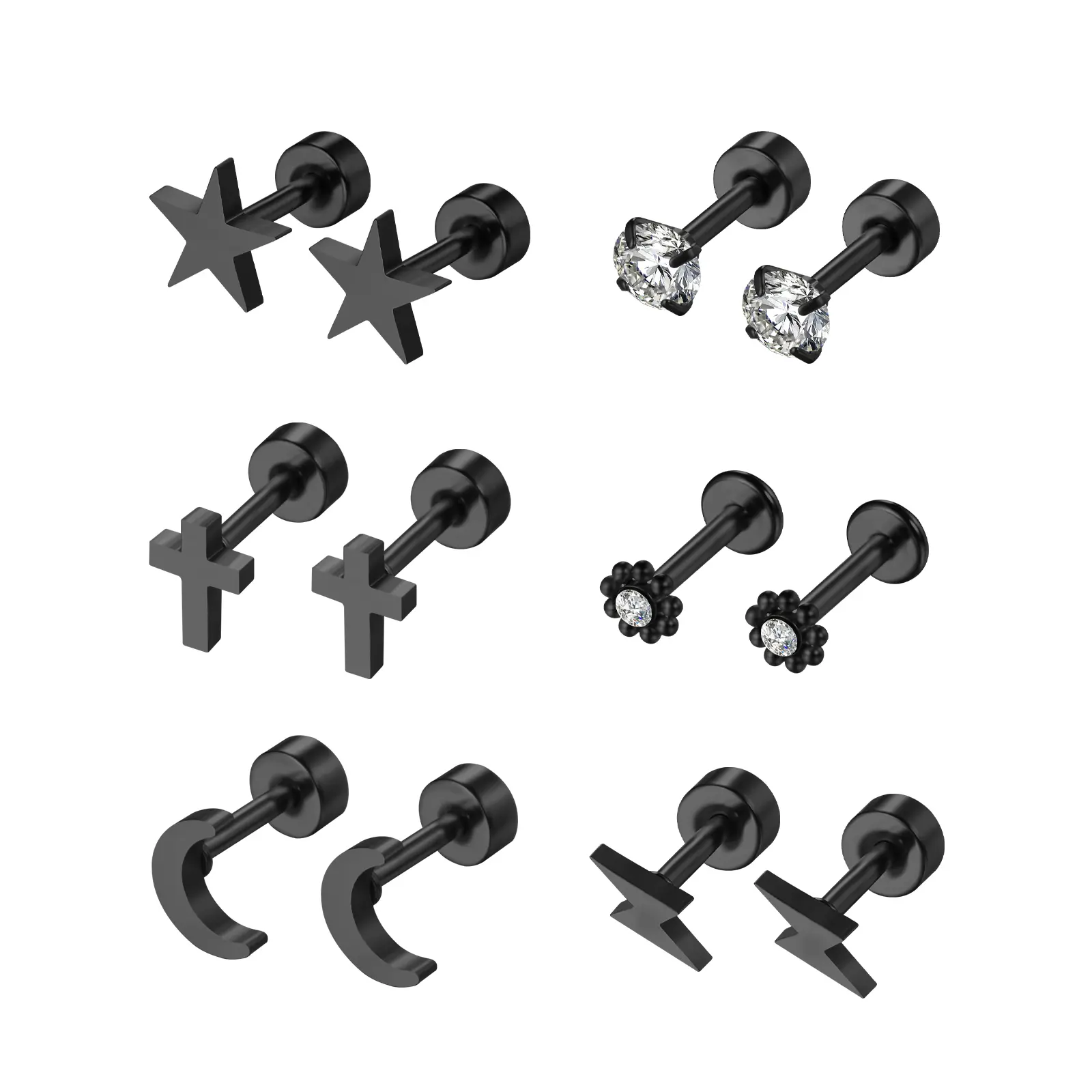 OIDEA Women's 6-Pair 16G 316 Stainless Steel Flat Back Cartilage Earrings, Hypoallergenic Lightweight Charm Shapes Studs with Star & Moon, Cross, Birthday Gift Ideas, Earring Stack, Flat Back Earrings, Anti-Rust Steel Earrings