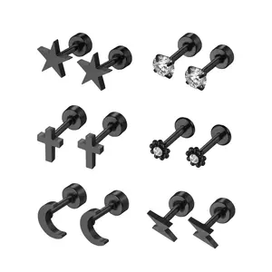 OIDEA 6 Pairs Flat Back Stud Earrings Set 316 Stainless Steel CZ Star Moon Lightning Cross Flower Cartilage Studs Black