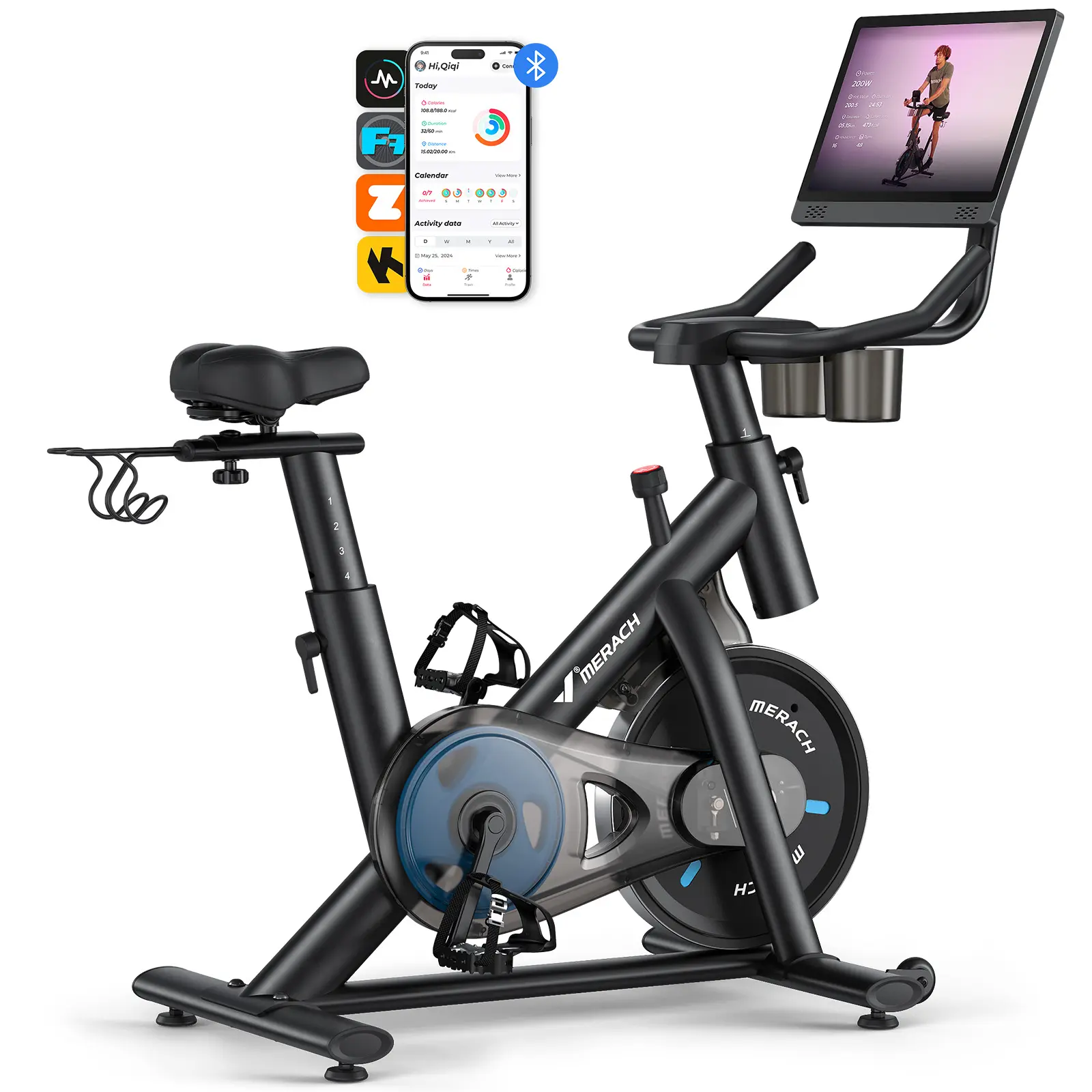 Merach Exercise Bike Magnetic Resistance Stationary Bike with Screen 300lbs Indoor Cycling Bike with Exclusive App Comfortable Bike Seat Tablet Mount and Fitness Courses Summervibes
