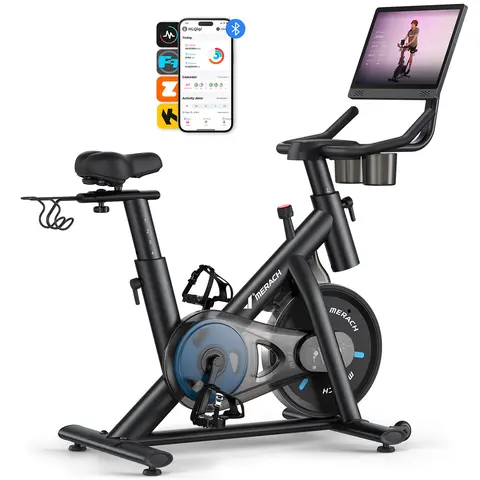 Merach Exercise Bike Magnetic Resistance Stationary Bike with Screen 300lbs Indoor Cycling Bike with Exclusive App Comfortable Bike Seat Tablet Mount and Fitness Courses BackToSchool