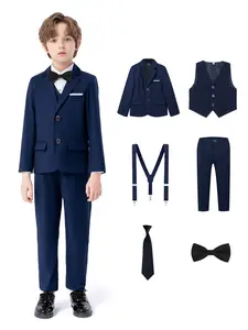 6-piece boys' suit (jacket + vest + pants + braces + bow tie + tie), sizes 100 to 150, formal slim-fitting boys' suit (excluding shirt), boys' gift, toddlers, teenagers, children, young adults, weddings, graduation ceremonies, church