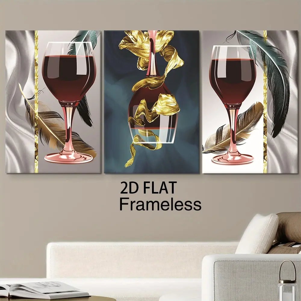 3pcs/set Unframed Canvas printing, Triple Canvas Painting, wine-themed design; high-end wine glass with feather decoration poster, suitable for living room and bedroom; fashionable home art wall decoration