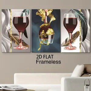 3pcs/set Unframed Canvas printing, wine-themed design; high-end wine glass with feather decoration poster, suitable for living room and bedroom; fashionable home art wall decoration.